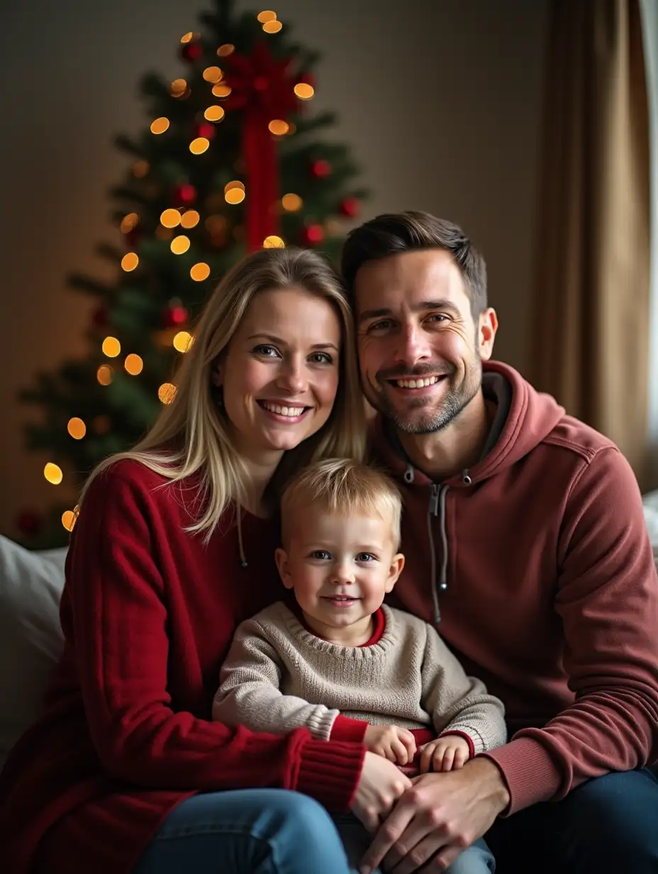 Family Christmas Portrait with Father Mother and Son Smiling at Camera