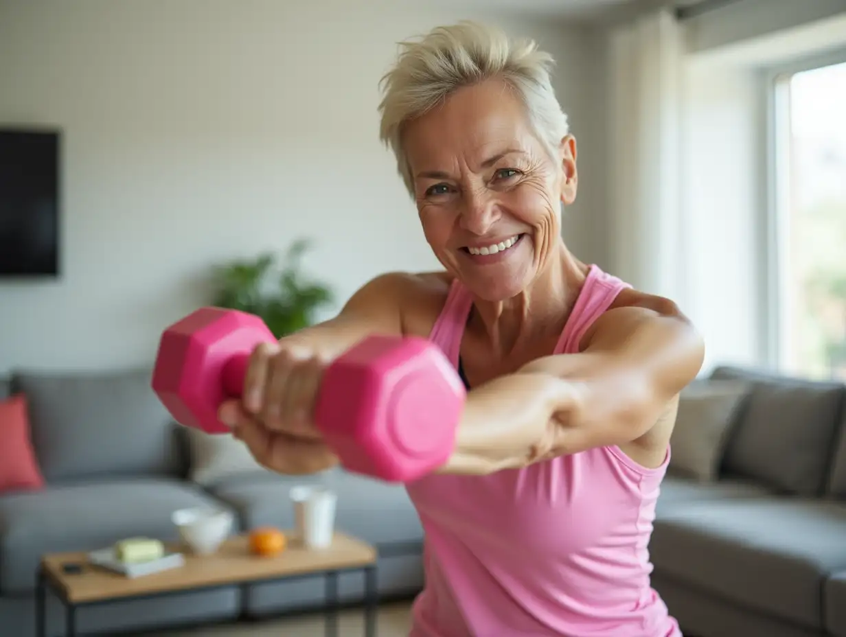 Senior woman training, doing fitness with pink weights at home.