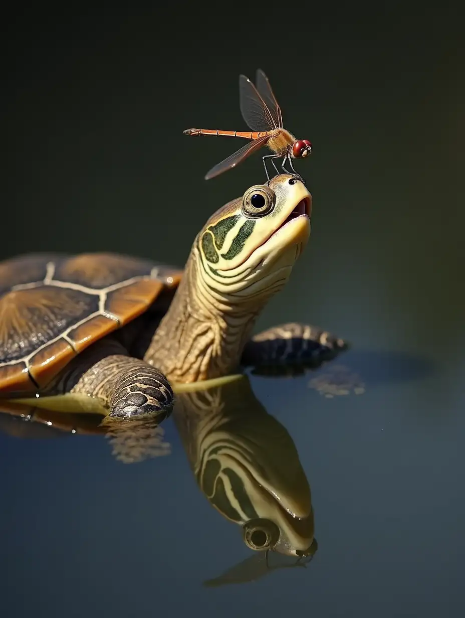 In the photo taken at eye level, a dragonfly sits on the head of a turtle in a pond. The sea turtle just surfaced and opened its mouth, taking a breath. The dragonfly's wings are dark brown, while the turtle's body is light brown, with green patterns. The turtle's head is light brown in color and is stretched up, and the eyes are wide open. The background is blurred, and the water is dark gray. A dragonfly and a turtle are reflected in the water, creating a shadow on the surface of the water.