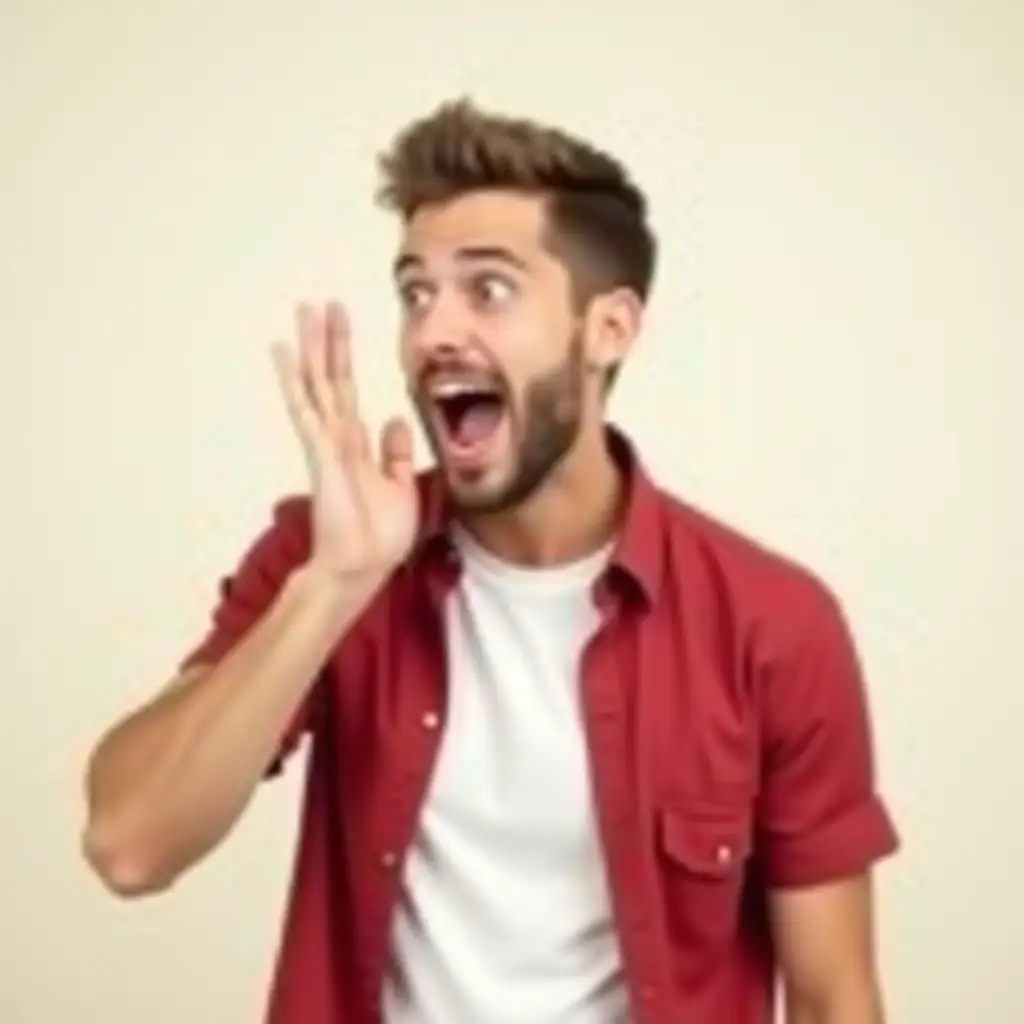 A young man with short brown hair, a trimmed beard, and expressive facial features, wearing a red casual shirt over a white T-shirt. He is standing against a plain off-white background, leaning slightly to the side while shouting or calling out with his hand cupped near his mouth, conveying excitement or enthusiasm.