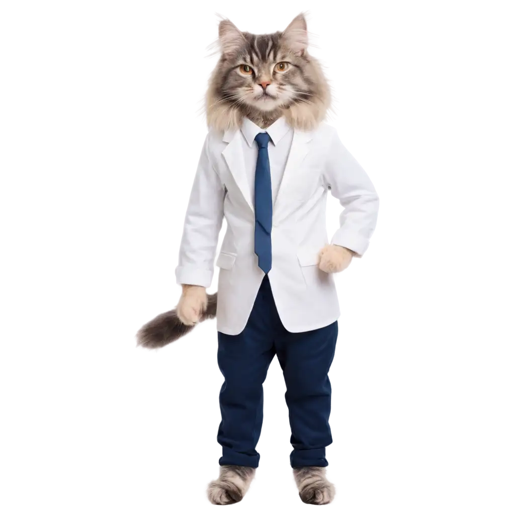 Real-Grey-Maine-Coon-Cat-in-Casual-White-Shirt-and-Navy-Pants-PNG-Image