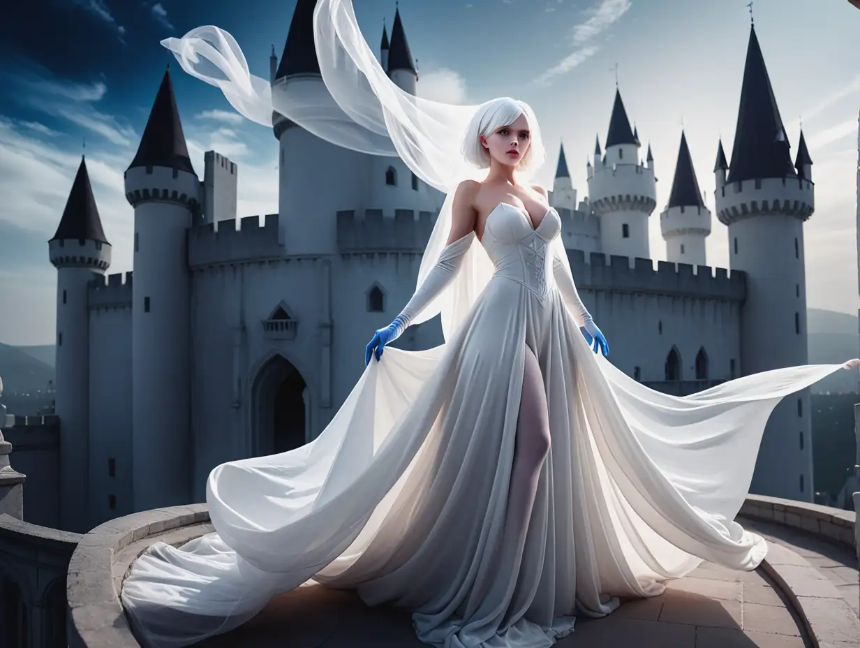 Sexy woman sorceress, long wedding dress, white short hair, 8k, full body, long dress, dark magic, white tights, white gloves, beautiful face, blue eyes, the big white veil, floating woman, sky castle 