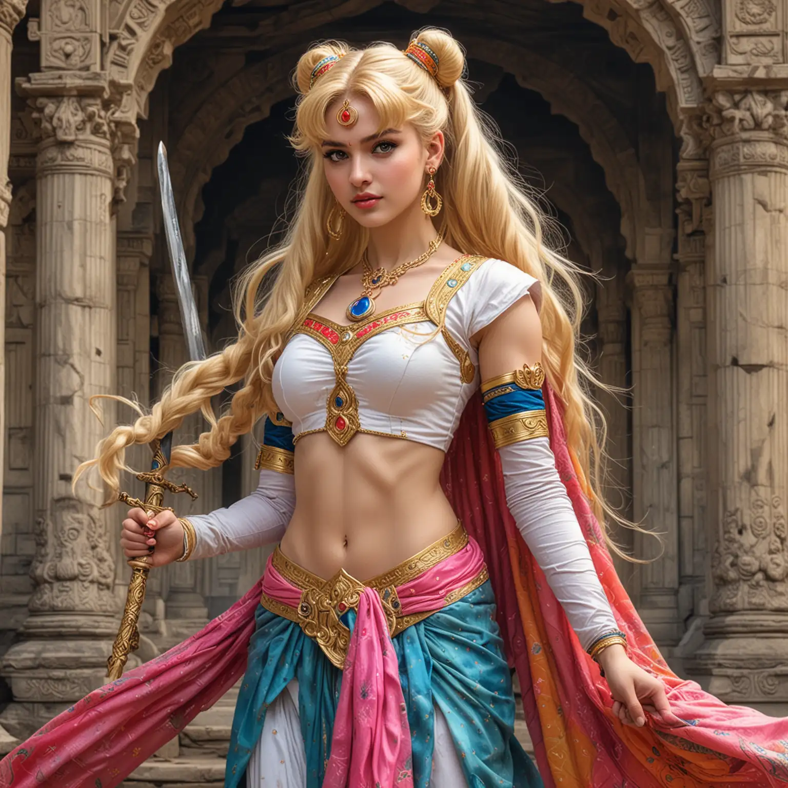 Sailor-Moon-Cosplaying-as-Hindustan-Princess-with-Curved-Sword-in-Ancient-Temple