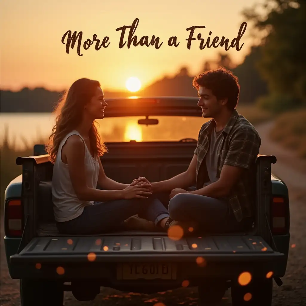 A warm, intimate scene at sunset, capturing the moment when friendship turns into something deeper. A young couple sits on the tailgate of an old pickup truck, parked by a quiet lake or a dirt road, their hands almost touching—hesitant, yet full of unspoken emotions. The golden light reflects on their faces, symbolizing the shift from friendship to love. The background is soft and blurred, with fireflies glowing in the distance, adding to the dreamy, heartfelt vibe. The title 'More Than a Friend' is written in a rustic, handwritten-style font, giving it a personal touch.