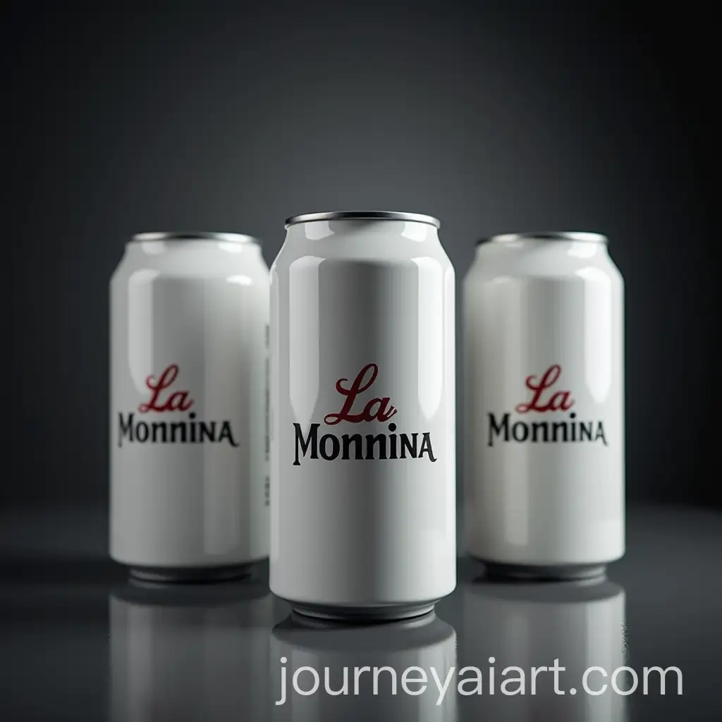 Three-Glossy-White-Cans-with-La-MonAI-Image-Prompt-Expansionnina-Logo-on-Dark-Gray-Background