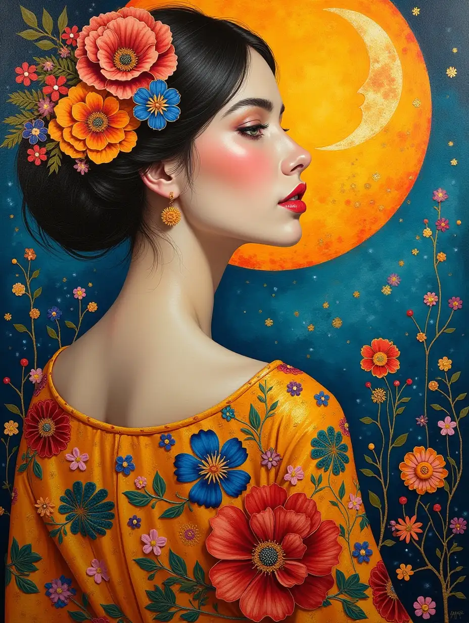 beautiful woman in the style of Gustav Klimt, oil painting, flowers, sun and moon, bright colors, elements of gold, realism, colorful brushstrokes