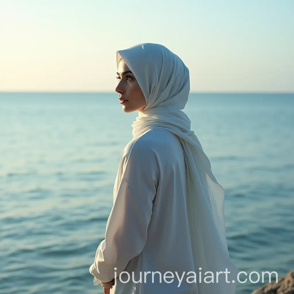 Young-Kazakh-Woman-Posing-at-the-Edge-of-the-Calm-Ocean-in-Elegant-Style