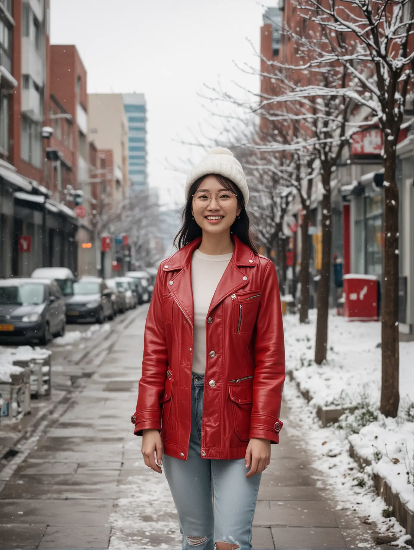 Chinese-Young-Woman-in-Red-Leather-Jacket-Smiling-in-Urban-Winter-Scene