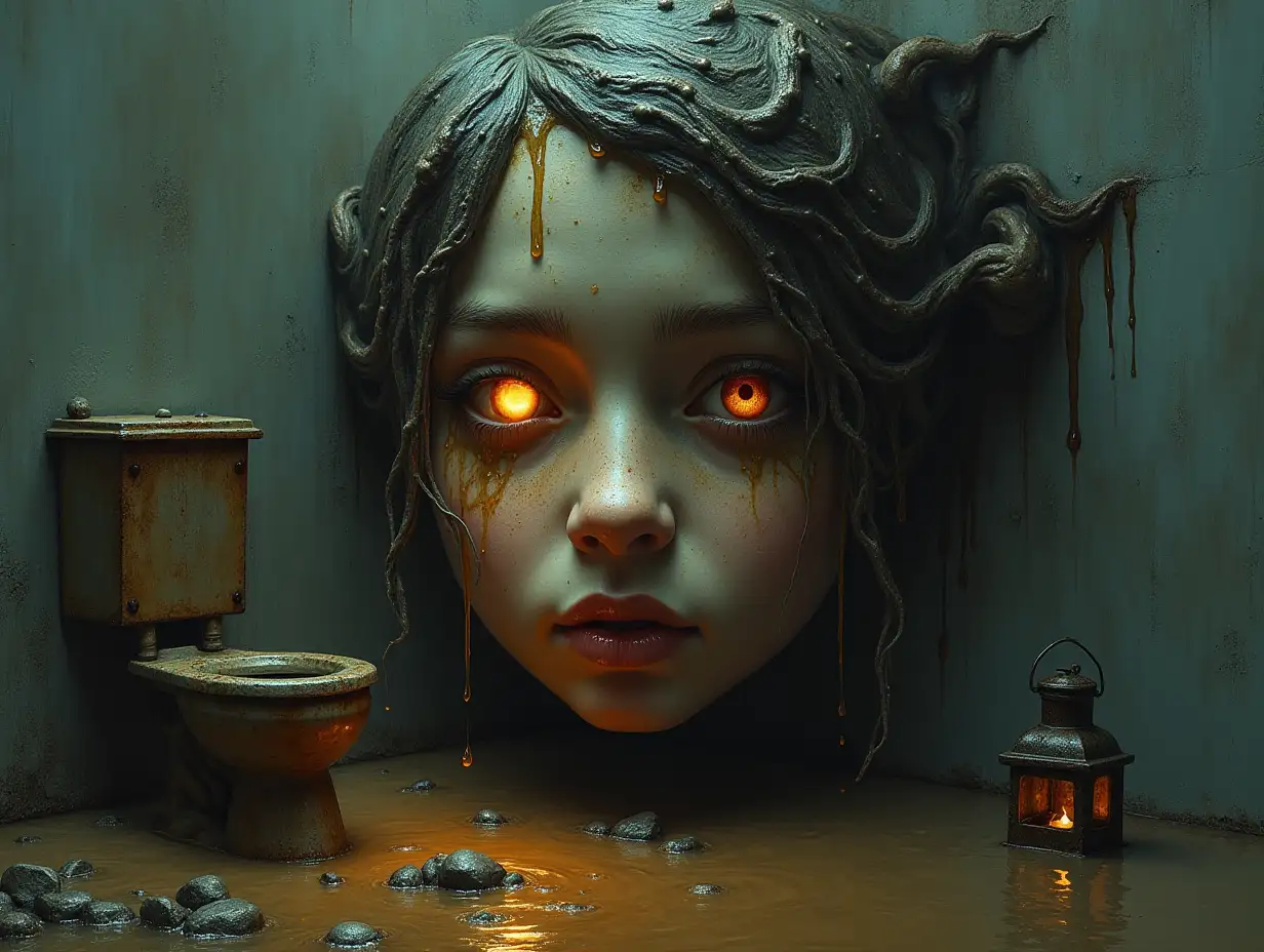 Creating a digital photo of a face with slime hair, that turns into a building with brown soup and illuminated toilet with rusty iron and a river with floating paint and rusty lanterns and strange eerie creatures