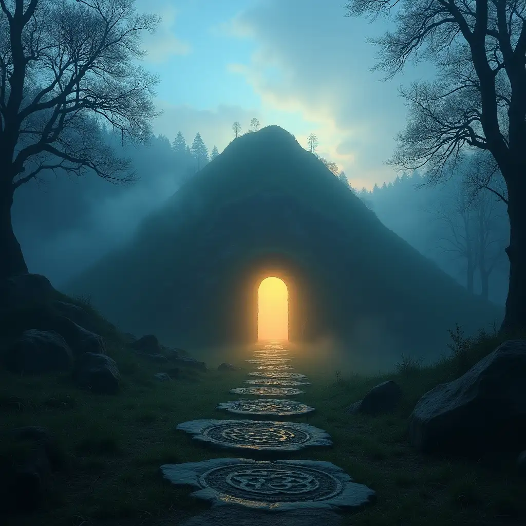 A glowing, misty hill at twilight with a faint doorway of light within it. Celtic symbols carved in ancient stones at the base. Ethereal atmosphere, magical glow, enchanted forest surroundings. Visual tone of mystery and reverence.