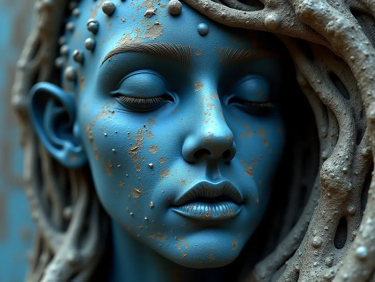 Face with blue steel balls Roots transformed into building