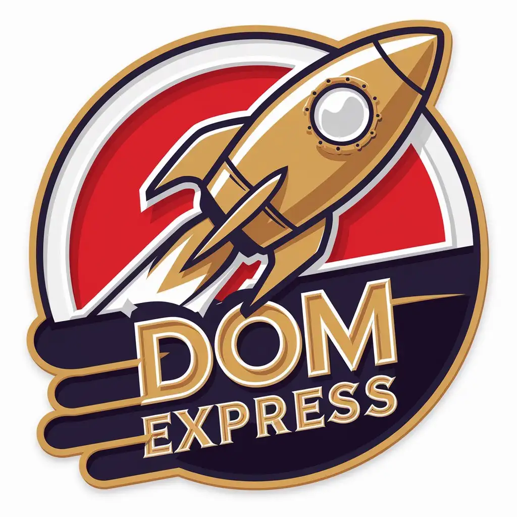 Create a round logo for a delivery service named Dom Express. The design should feature a golden rocket, symbolizing speed and efficiency. The logo should have a retro enamel sign. Use a red background to make the golden rocket and the text stand out. The text Dom Express should be in a complementary, modern font, also in gold, to match the rocket and create a cohesive, professional look. The overall feel should be energetic, modern, and impactful, emphasizing the fast and reliable nature of the delivery service