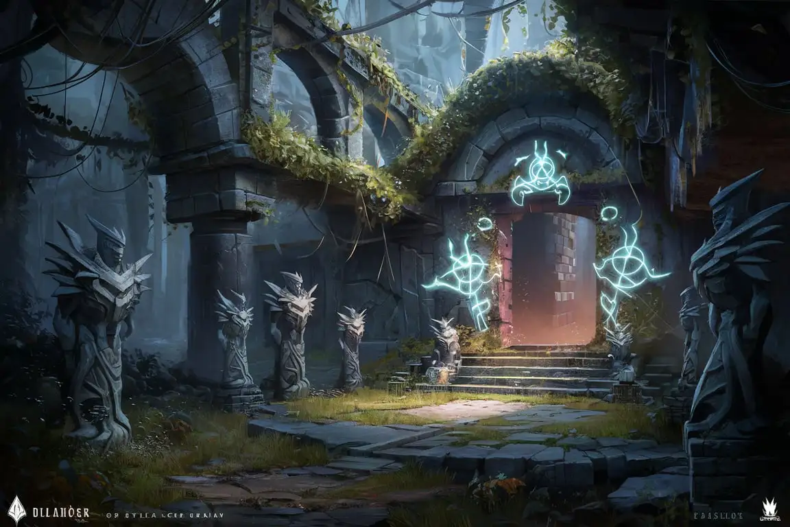 Stylized ARPG Video Game Cover Art Elven Ruins and Mythical Portal