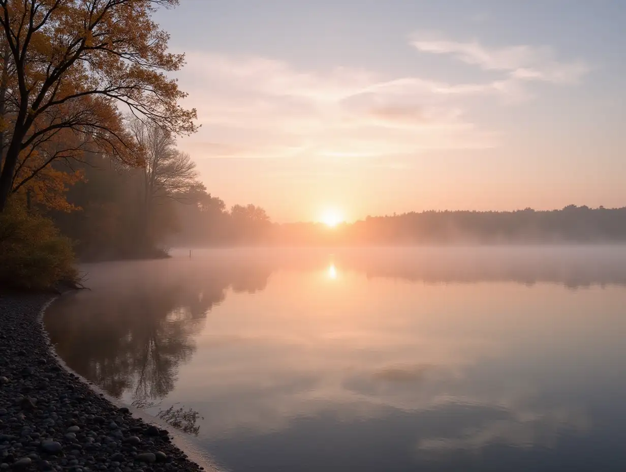 Dawn over a quiet lake, the first rays of sun gently illuminate the water and surrounding nature. Fog slightly lingers on the surface, creating a morning atmosphere. The shore is surrounded by trees, their leaves reflecting golden light. The water is smooth as a mirror, reflecting the sky with light pink and orange tints. In the distance, silhouettes of forest can be seen, everything looks peaceful and beautiful.