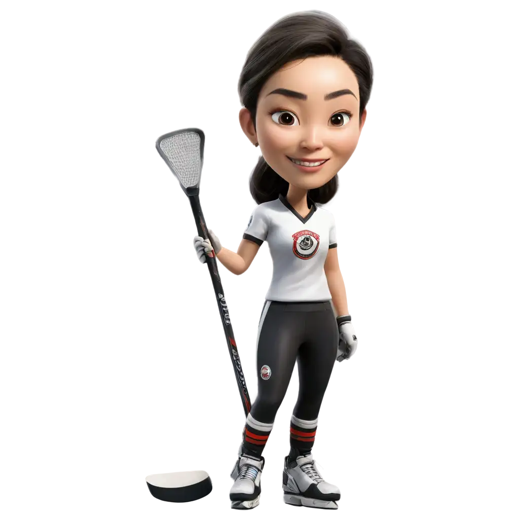 Caricature of a Chinese hockey mom in uniform holding a hockey stick