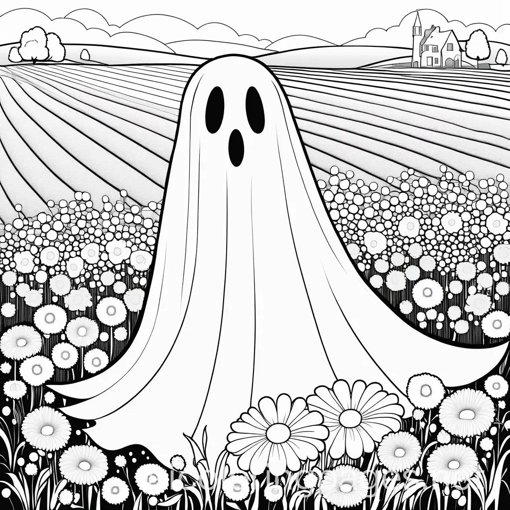 Ghost-in-Flower-Field-Coloring-Page