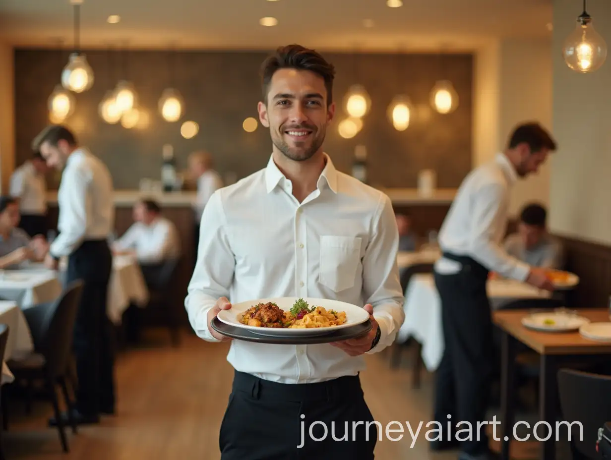 Restaurant-Waiter-Serving-Main-Dish-in-Beige-and-Brown-Tones
