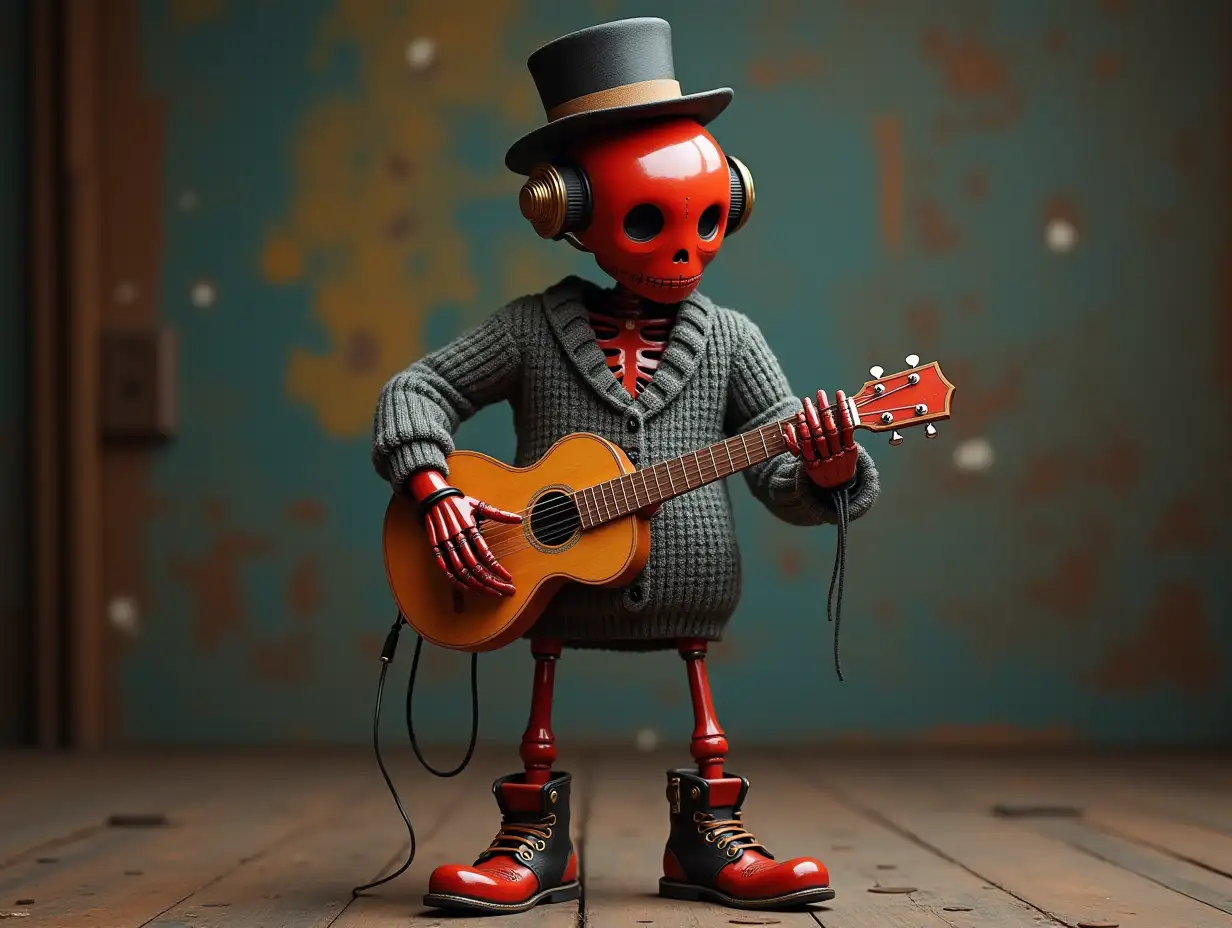 Create a high-resolution, realistic image of a robot standing with a skeleton body, red porcelain hands and head, a sweater, a steampunk top hat, and playing a guitar on the floor in 4k resolution Steampunk 8k quality