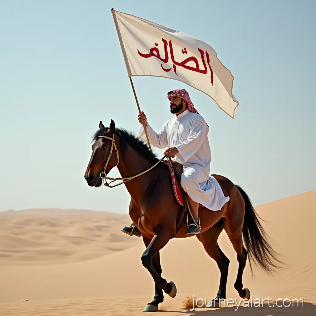 Man-Riding-Arabian-Horse-Holding-White-AL-OYAIS-Flag-in-Traditional-Robe