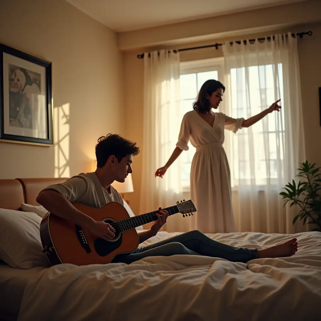 Couple, young man lying in bed playing guitar, young woman standing on bed dancing, distant view, real shot