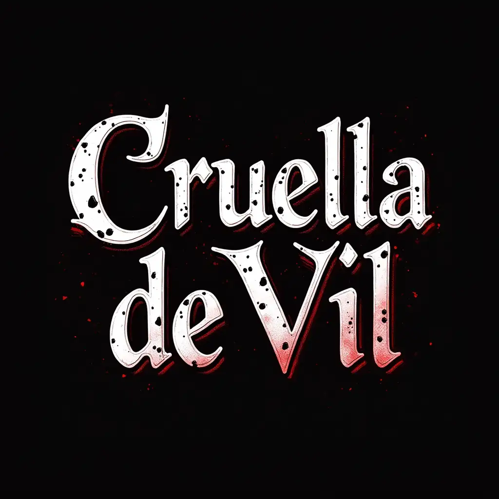 A bold and stylish typography inspired for Cruella de Vil, featuring elegant, jagged lettering with a mix of black and white hues, accented by vibrant red highlights, incorporating Dalmatian spots subtly into the design, a chic and villainous aesthetic, dramatic and high-contrast layout, digital illustration, polished with modern design elements, --ar 16:9 --v 5