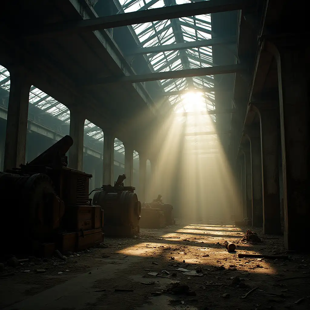 Abandoned factories, sun rays, machinery