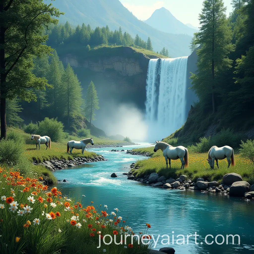 Serene-Forest-Landscape-with-Blue-River-Waterfall-and-White-Horses-Grazing