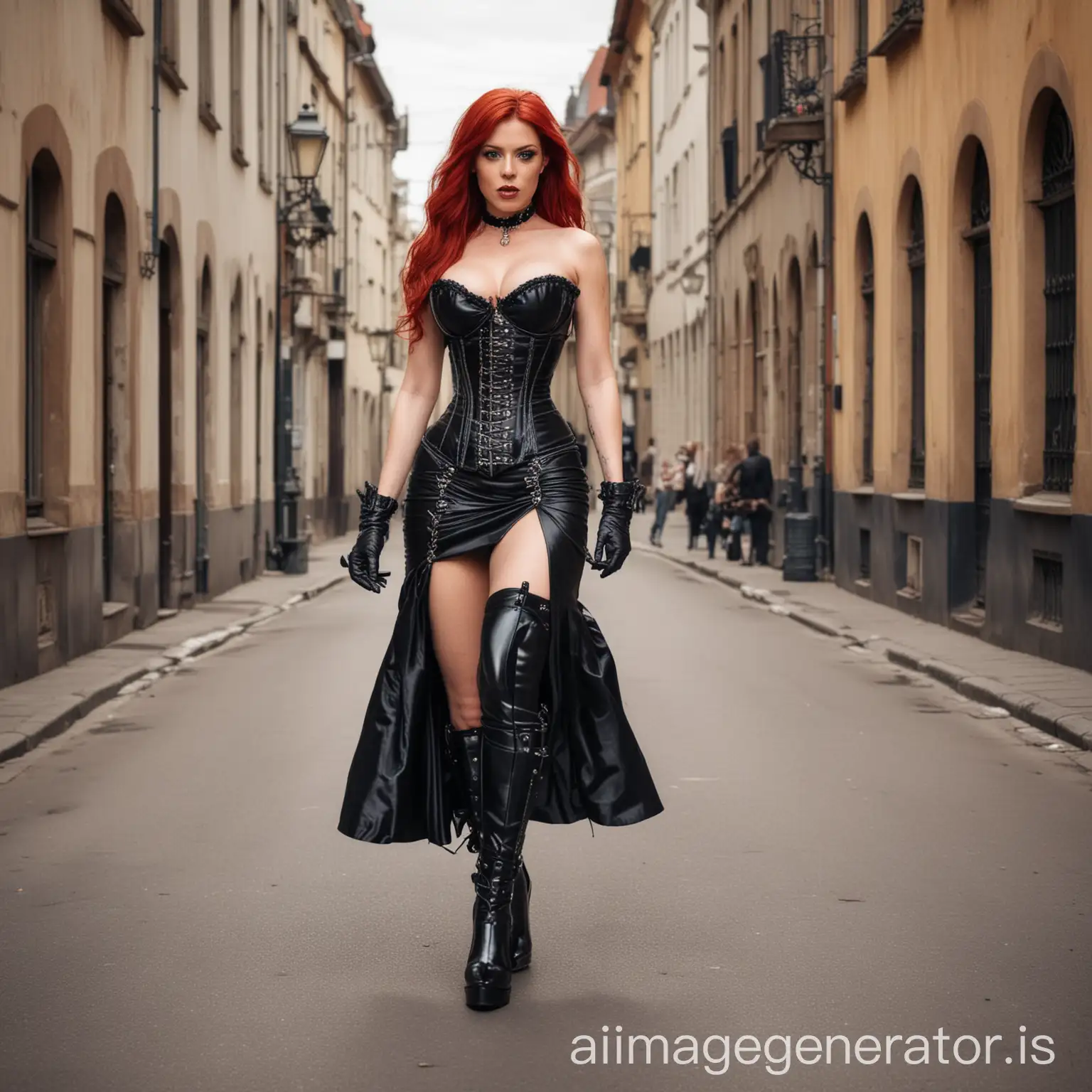 Dominatrix robusta with a wide dress walking on the street with corset and high boots. Red hair