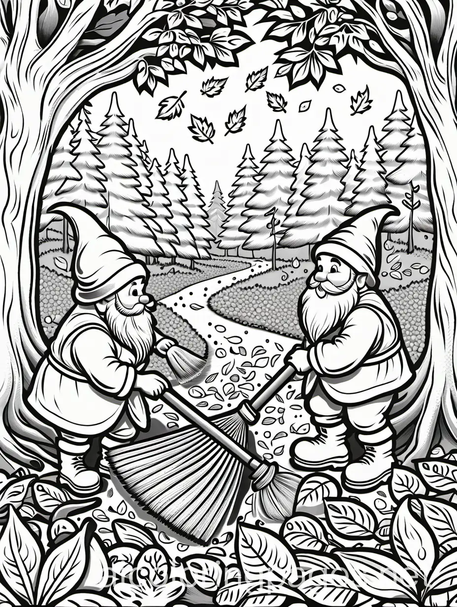 black and white coloring page of fat gnomes raking and playing in leaves in fall