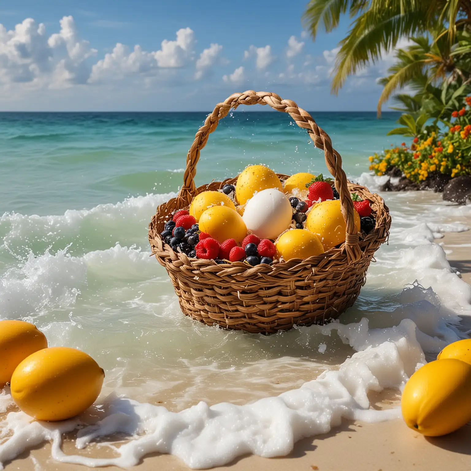 Tropical-Beach-Still-Life-with-Mangoes-Coconut-and-Fresh-Berries