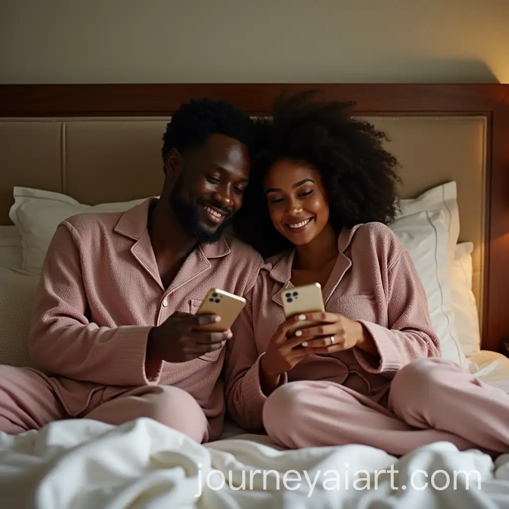 Black-African-Couple-Relaxing-in-Bed-Wearing-Pajamas-and-Using-Phones