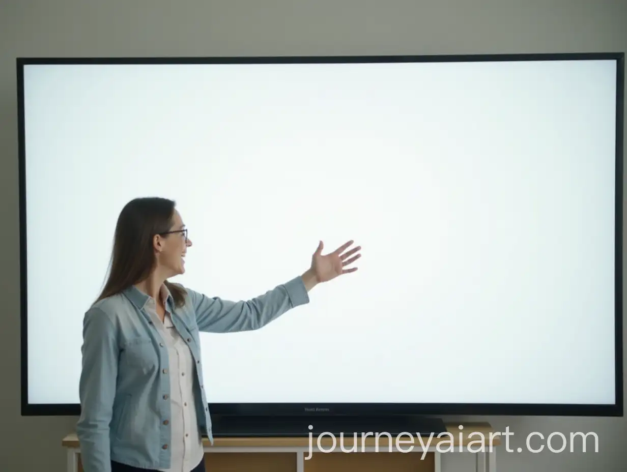 Minimalistic-Teacher-Speaking-with-86-Inch-Television-Displaying-White-Image
