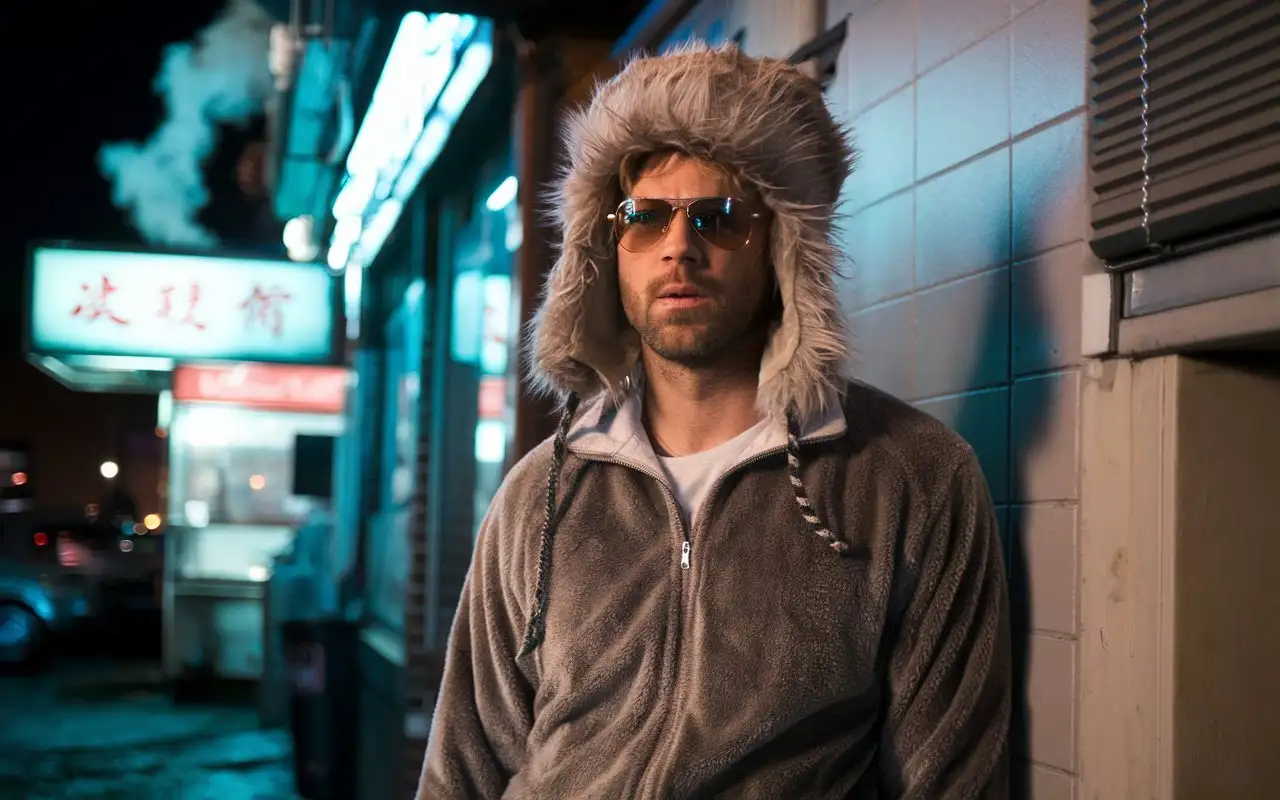 Paul Walker in Fur Hat and Tracksuit by Neonlit Alley at Night