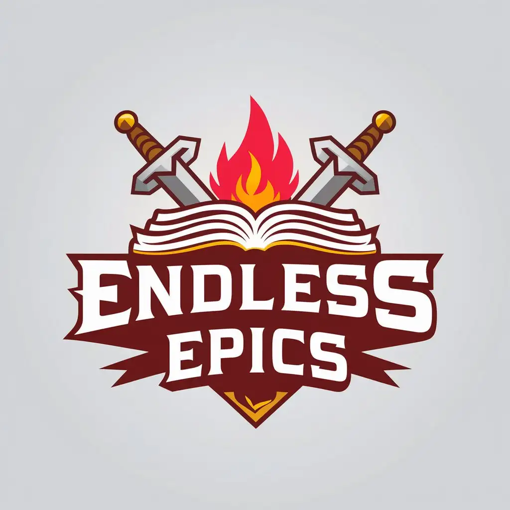 a vector logo design,with the text "Endless Epics", main symbol:A book and swords and fire and magic,Moderate,be used in Internet industry,clear background