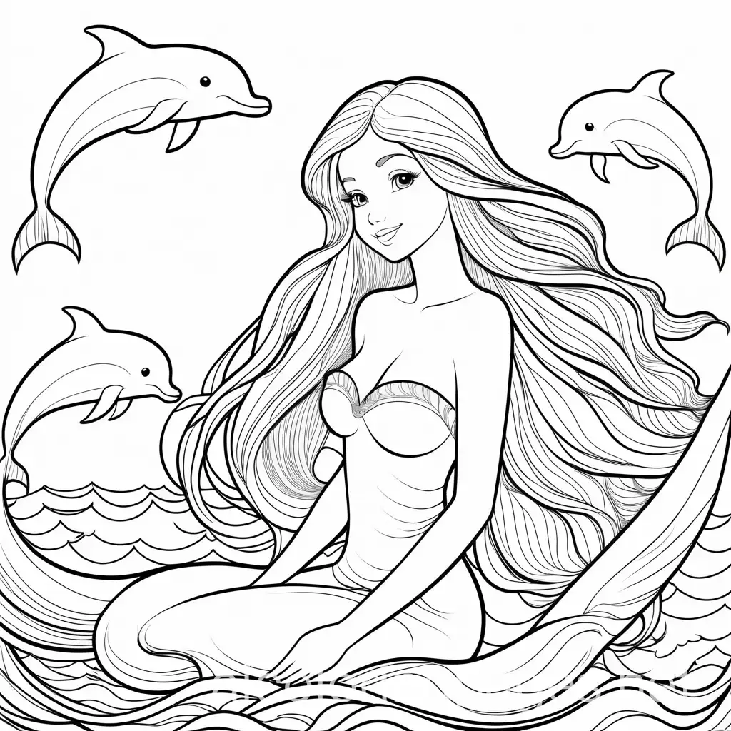 beautiful happy, cute mermaid with long hair and dolphins around her easy to color background for kids coloring page, Coloring Page, black and white, line art, white background, Simplicity, Ample White Space