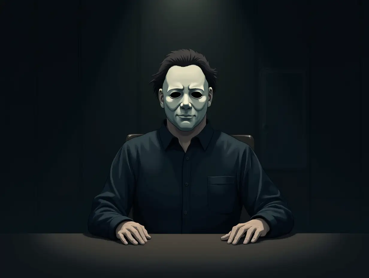 Illustrate a scene with Michael Myers sitting alone at the table in the same shadowy setting. Focus on his expressionless white mask under the tempered glow of subtle lighting, capturing an air of mystery and calm. Style this art with the charming, detail-oriented essence of Studio Ghibli, making the scene feel surreal yet tranquil.