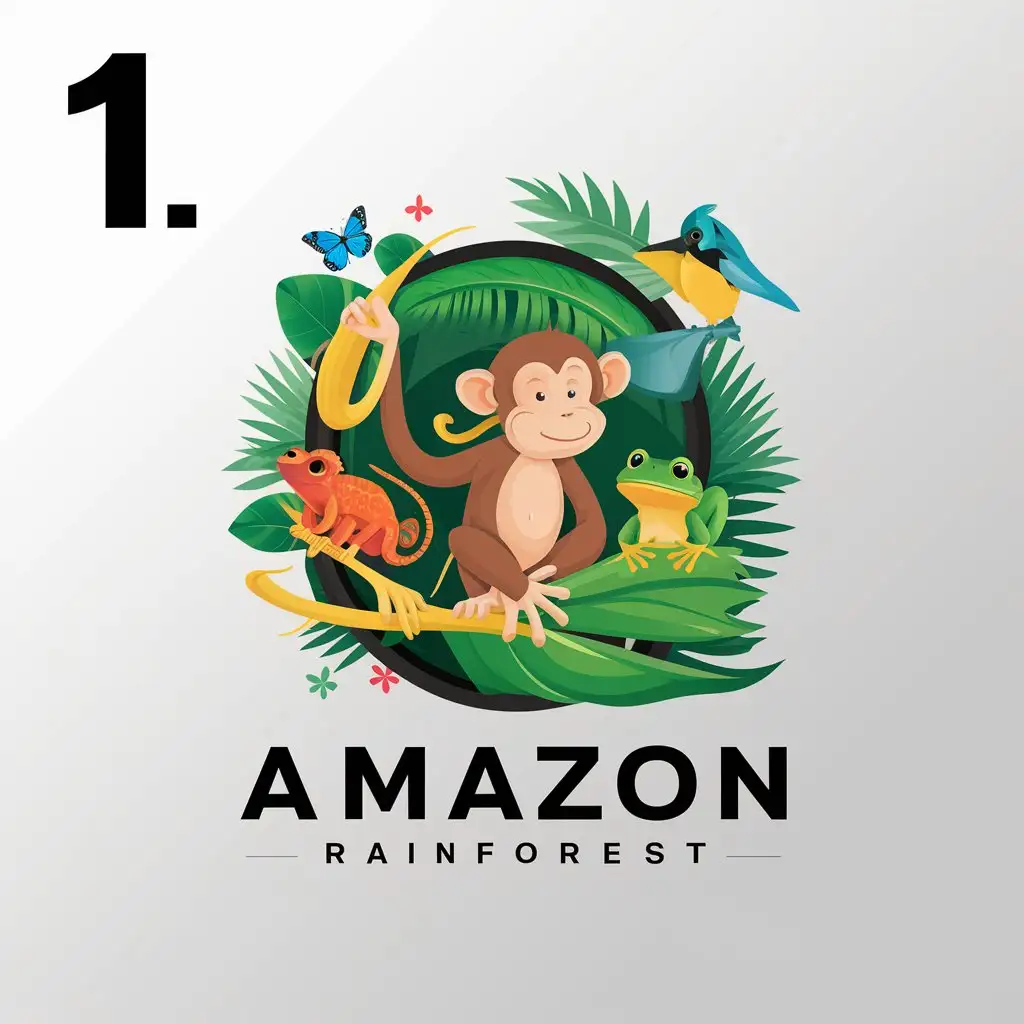 a vector logo design,with the text "1", main symbol:Amazon rainforest style, with dart frog, monkey, chameleon, butterfly,complex,be used in Animals Pets industry,clear background