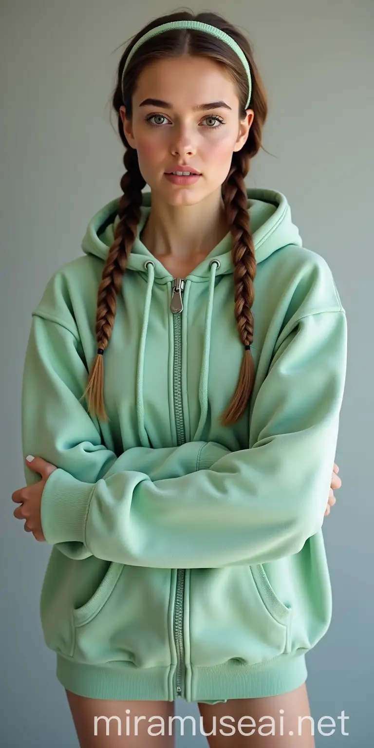 Confident Young Woman in Basil Cropped Hoodie and Y2K Fashion