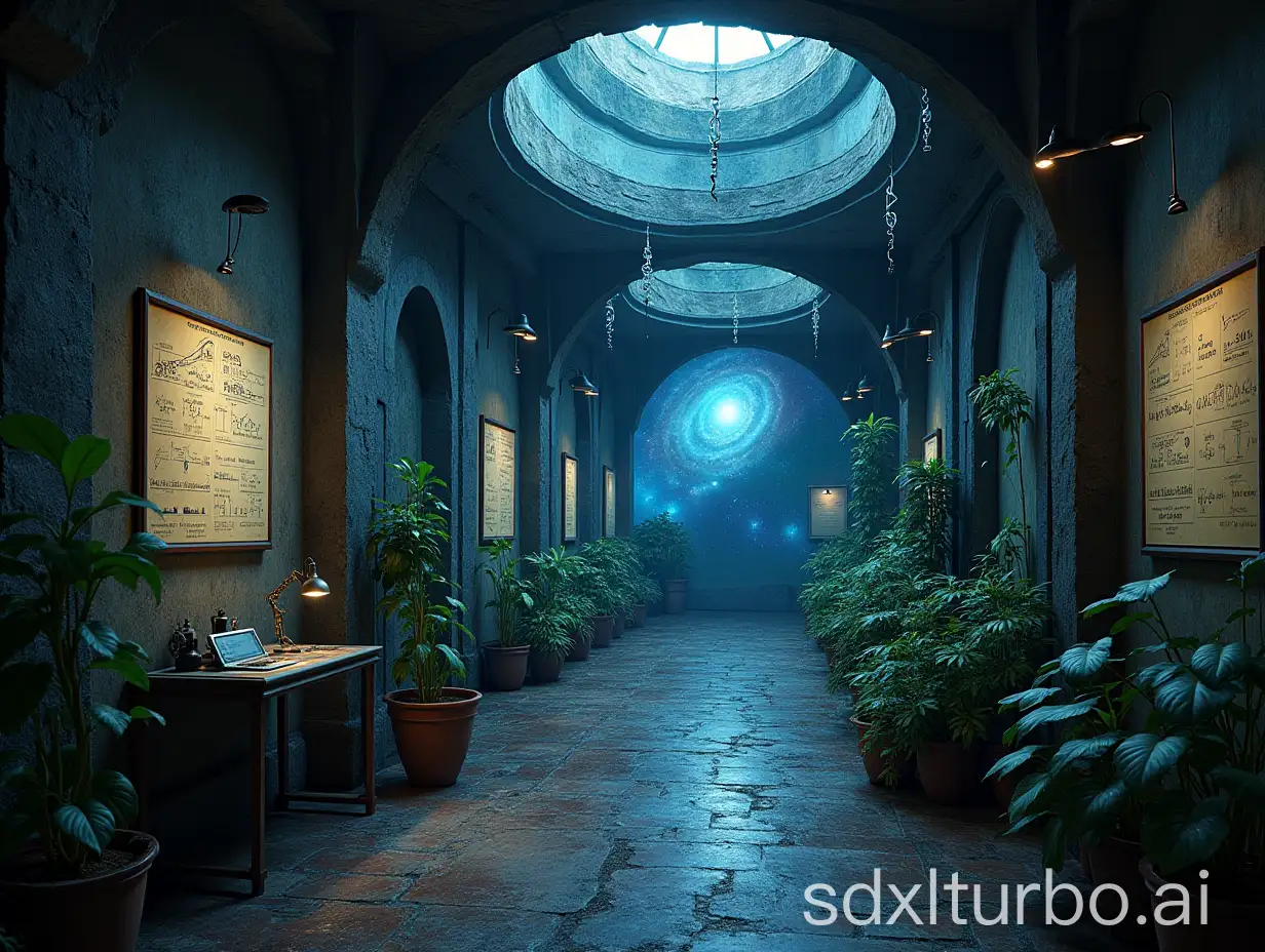 a beautiful alien garden, many math formulas on walls, spirals, posters with formulas, a galaxy in the background, mysterious atmosphere, high precision, low saturation