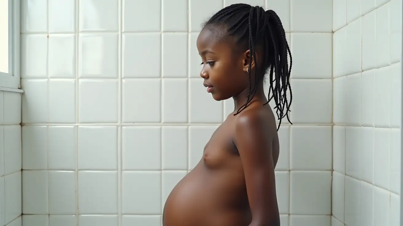 Portrait-of-Pregnant-Black-Girl-with-Wet-Hair-in-School-Bathroom