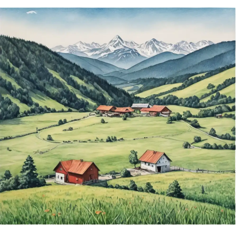 Dairy-Farm-in-the-Meadow-with-Mountains-HighQuality-PNG-Pencil-Drawing-for-Creative-Projects