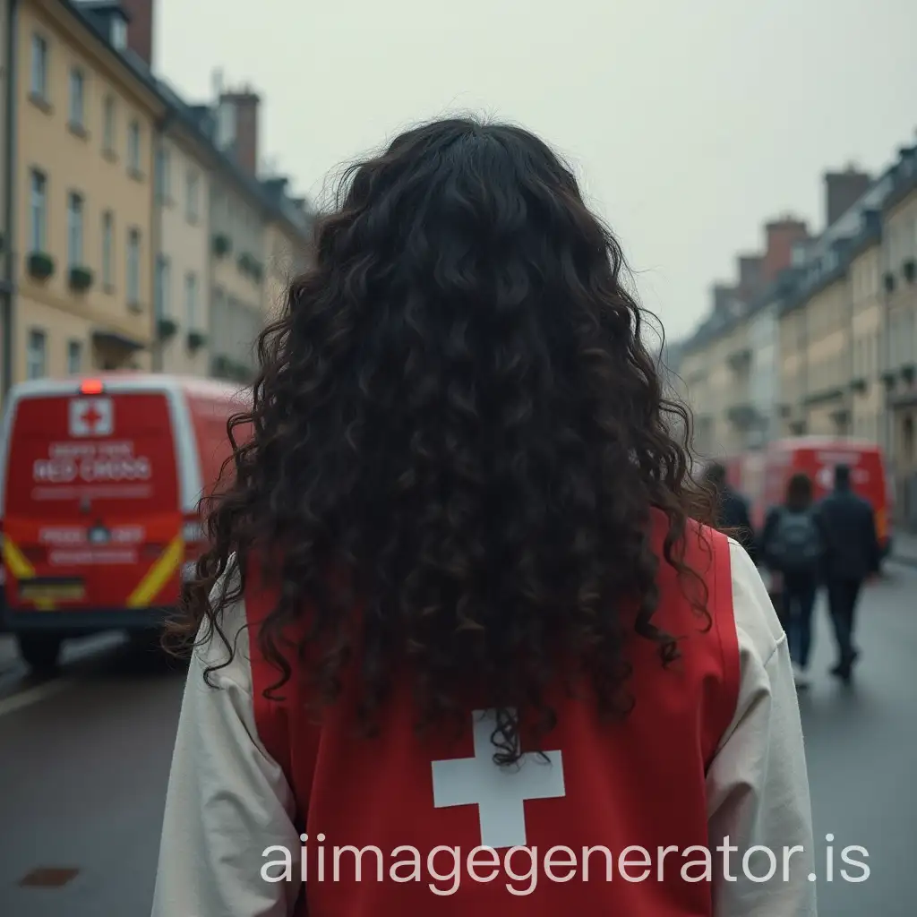 generate an image representing a 20 year old woman seen only from behind, very pale skin with curly black long hair that you can't see her face, the young woman works as a volunteer at the red cross, she is seen distributing food to the homeless, not seeing the woman's face is a very important detail, she is facing away, really can't see her face, the fact she is at the red cross should be noticeable