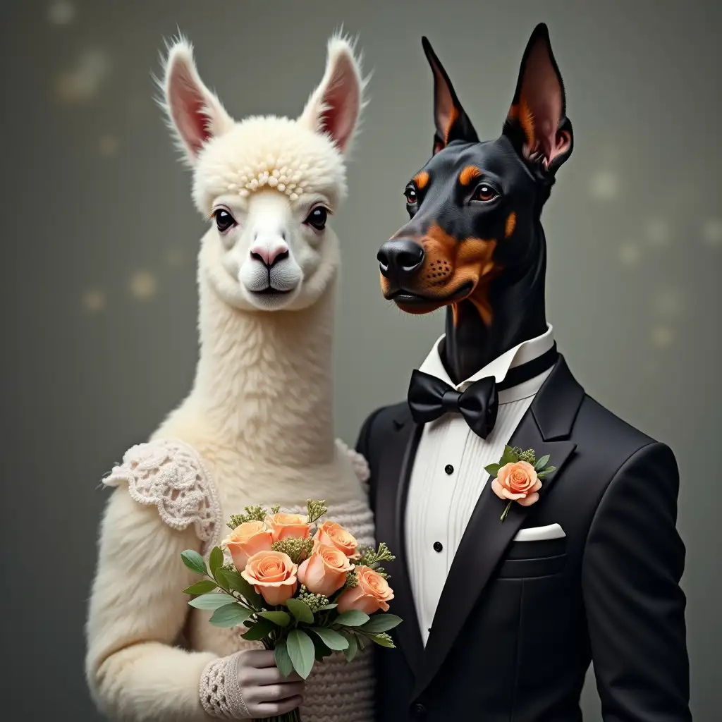 Anthropomorphic couple: groom - Doberman in tuxedo with boutonniere, wife - white alpaca in wedding dress with bouquet of flowers. Gray background, bokeh effect. Hyper-realism, maximum detail