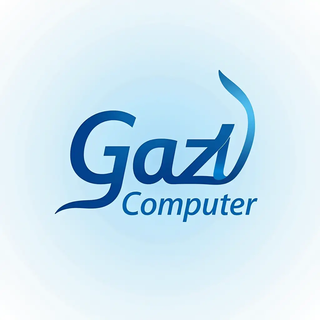 A logo of a shop, named GAZI COMPUTER written with stylish font, [ blue and white color combination  ]