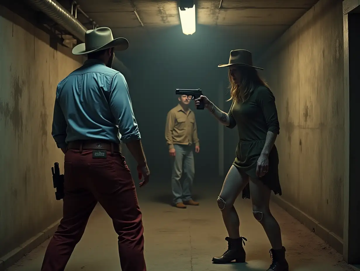 a cowboy in a hat blue long sleeve dress shirt red long pants holster fighting against a zombie woman in a basement walking towards him