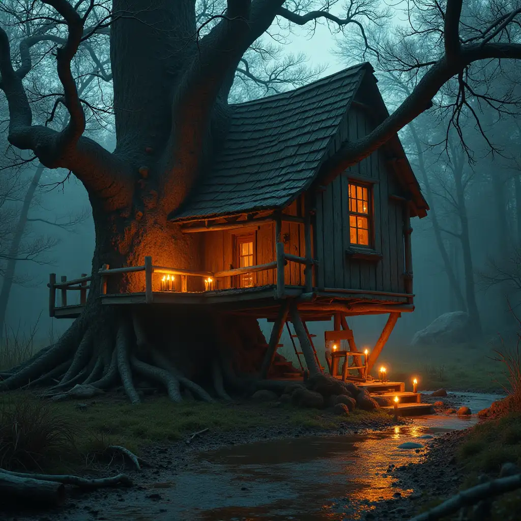 Create an image of a large ruined treehouse, burning candles in the house, smeared water and photo-realistic detail of parts and lighting.