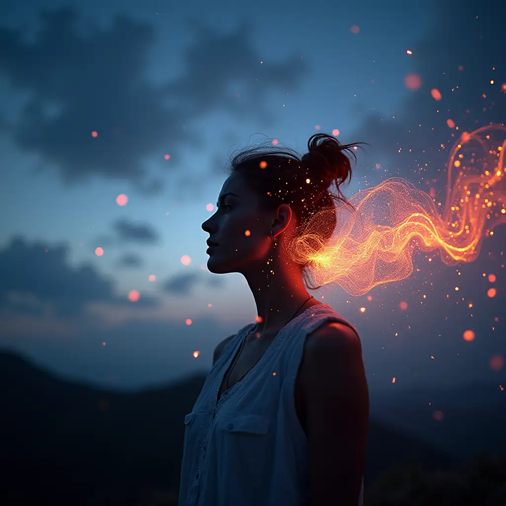 sound waves visualization turning around a woman lighted by the sky