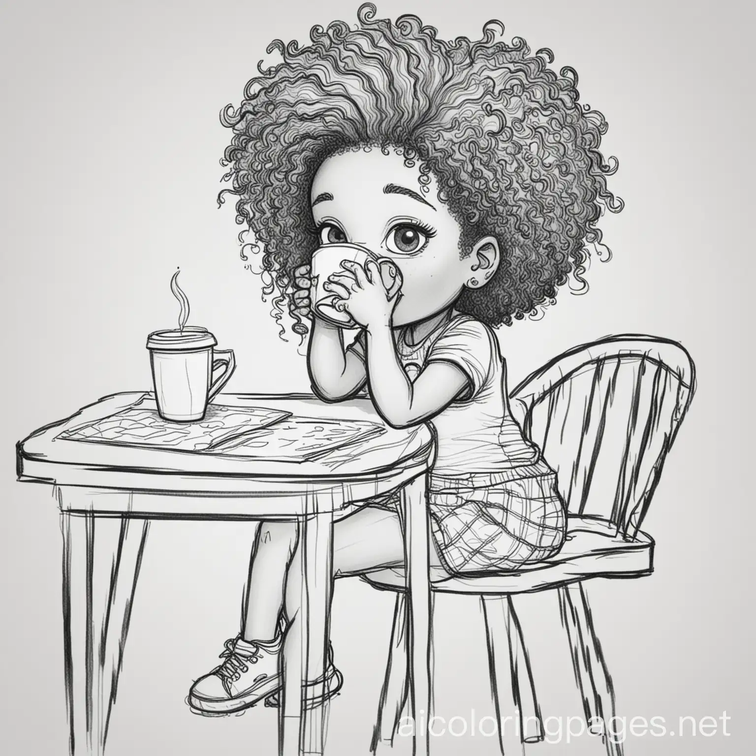 Cartoonish-African-American-Girl-Enjoying-Coffee-in-a-Simple-Coloring-Page