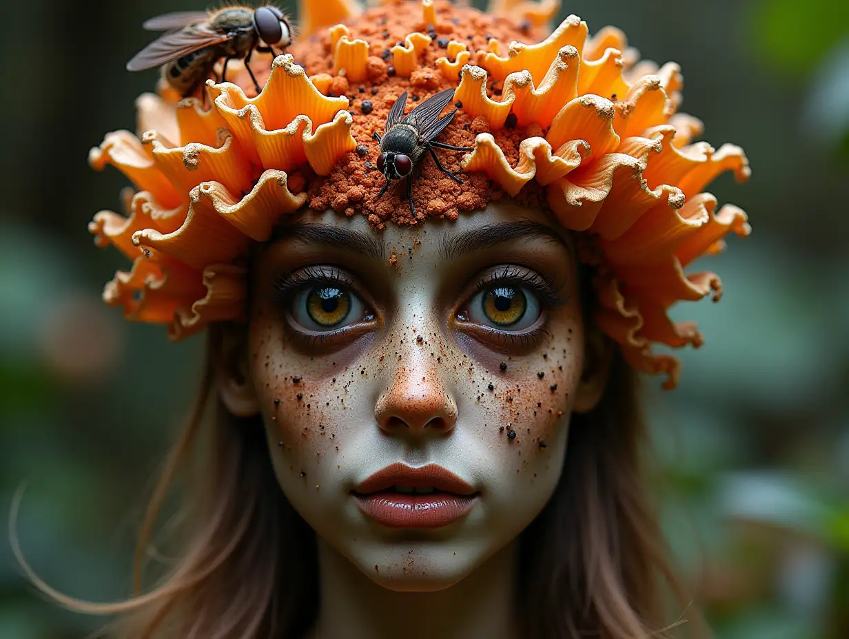 Face with brown Fly AgaricnRoots transformed into building