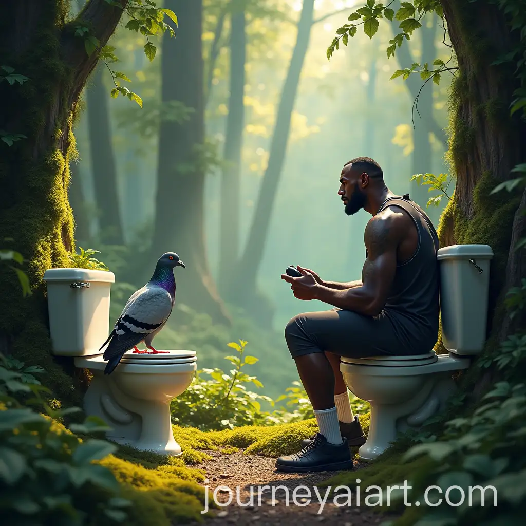 Surreal-Forest-Scene-with-Pigeon-on-Toilet-and-Man-Playing-Video-Game